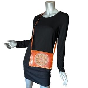 Vintage Orange Brown Leather? Tooled Mandala Style Design Crossbody Boho Bag
